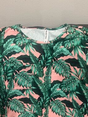 Tickled Teal Tropical Leaf Print dress EUC medium